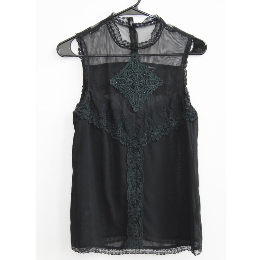 See You Monday, Black sheer short-sleeve blouse, Size M